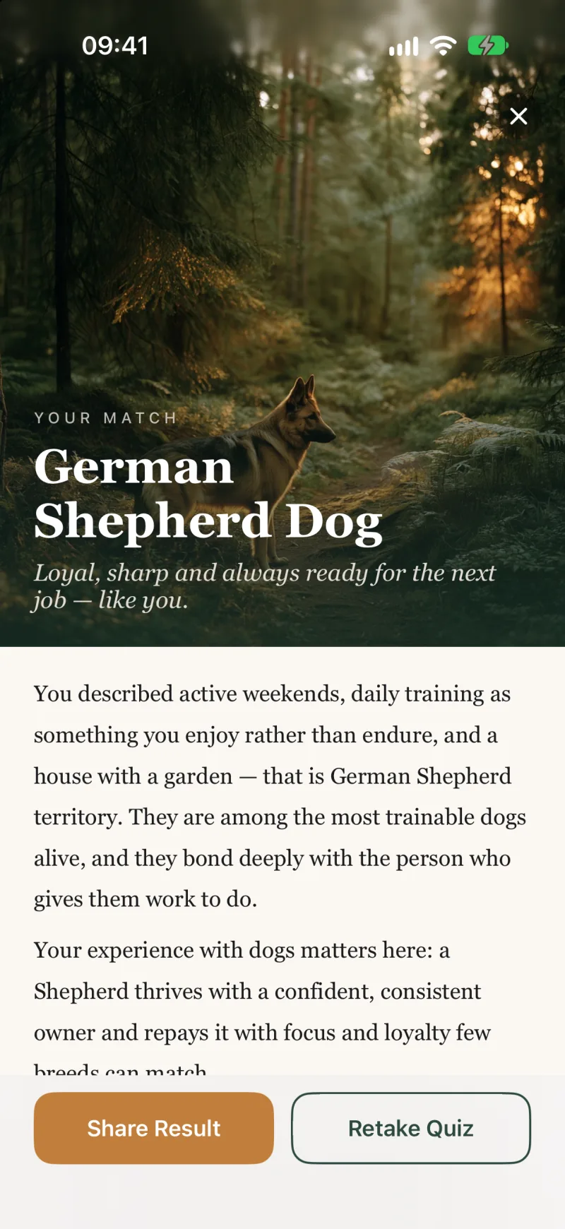The Pawsonality app showing a German Shepherd Dog match with its written explanation