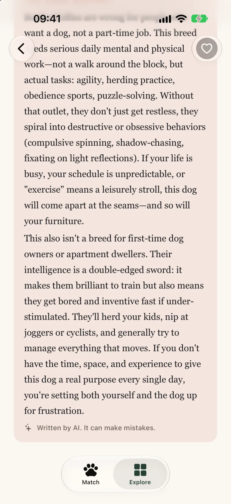 The Talk me out of it section in the app, making the honest case against the Border Collie