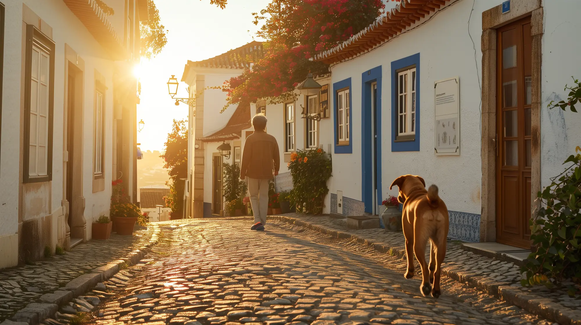 A man walking down a cobbled street in a whitewashed Portuguese village, a Podengo trotting behind
