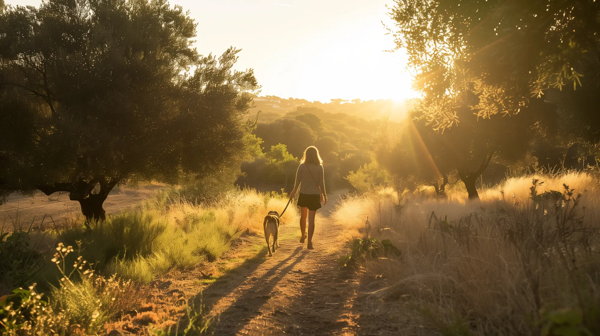 A woman walking a dog on a lead along a sunlit path through an olive grove