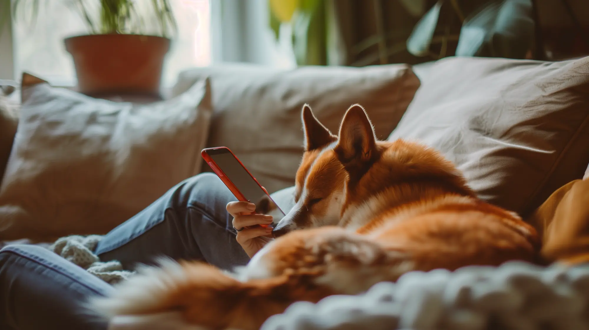 A person curled up on a sofa beside a sleeping dog, looking at their phone